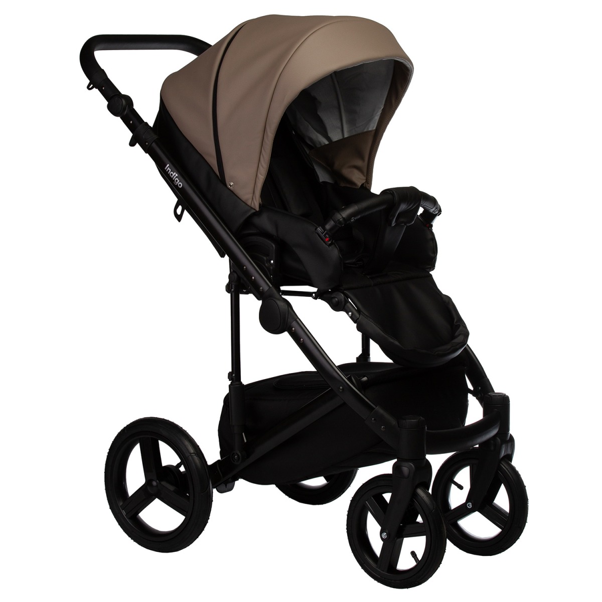 Коляска 2 в 1 Indigo Tour Eco, Te 04 (Черная кожа + Темно-бежевая кожа)