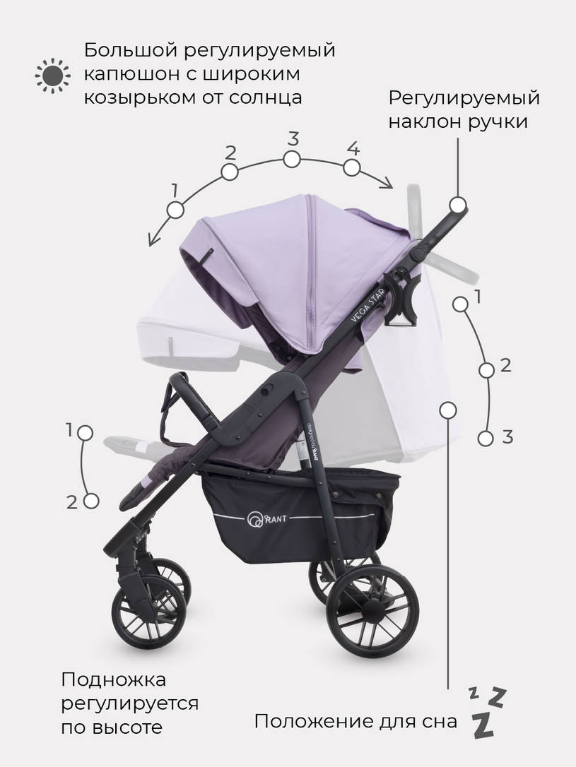 Коляска прогулочная Rant Vega Star Sweet Lavender. Цвет: Фиолетовый