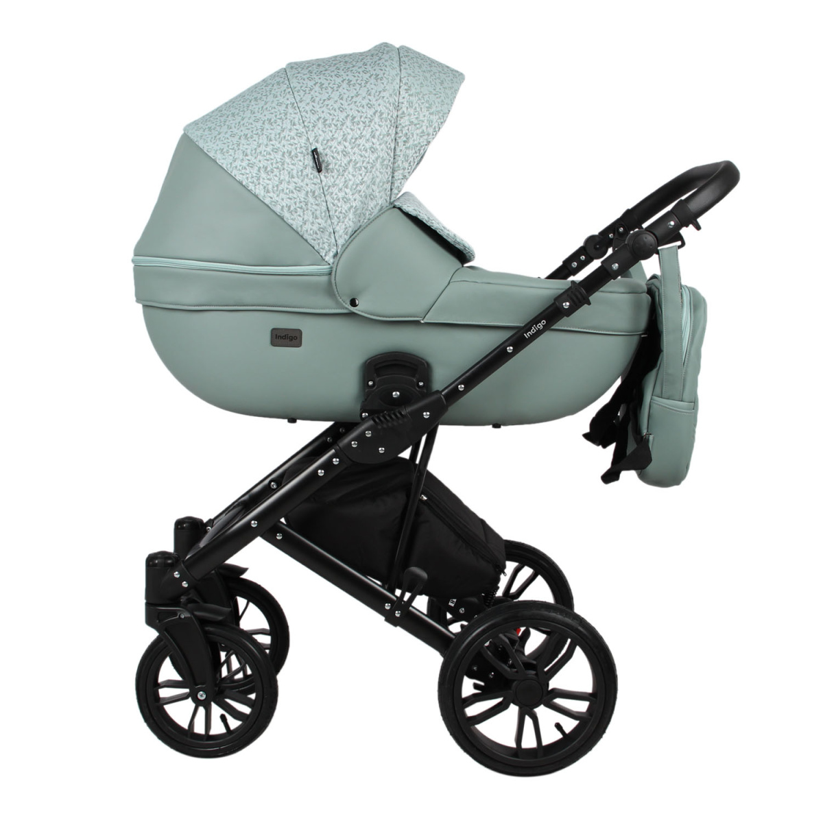 Коляска 2 в 1 Indigo MIO - Mi 06 (шалфей кожа+зеленый узор)