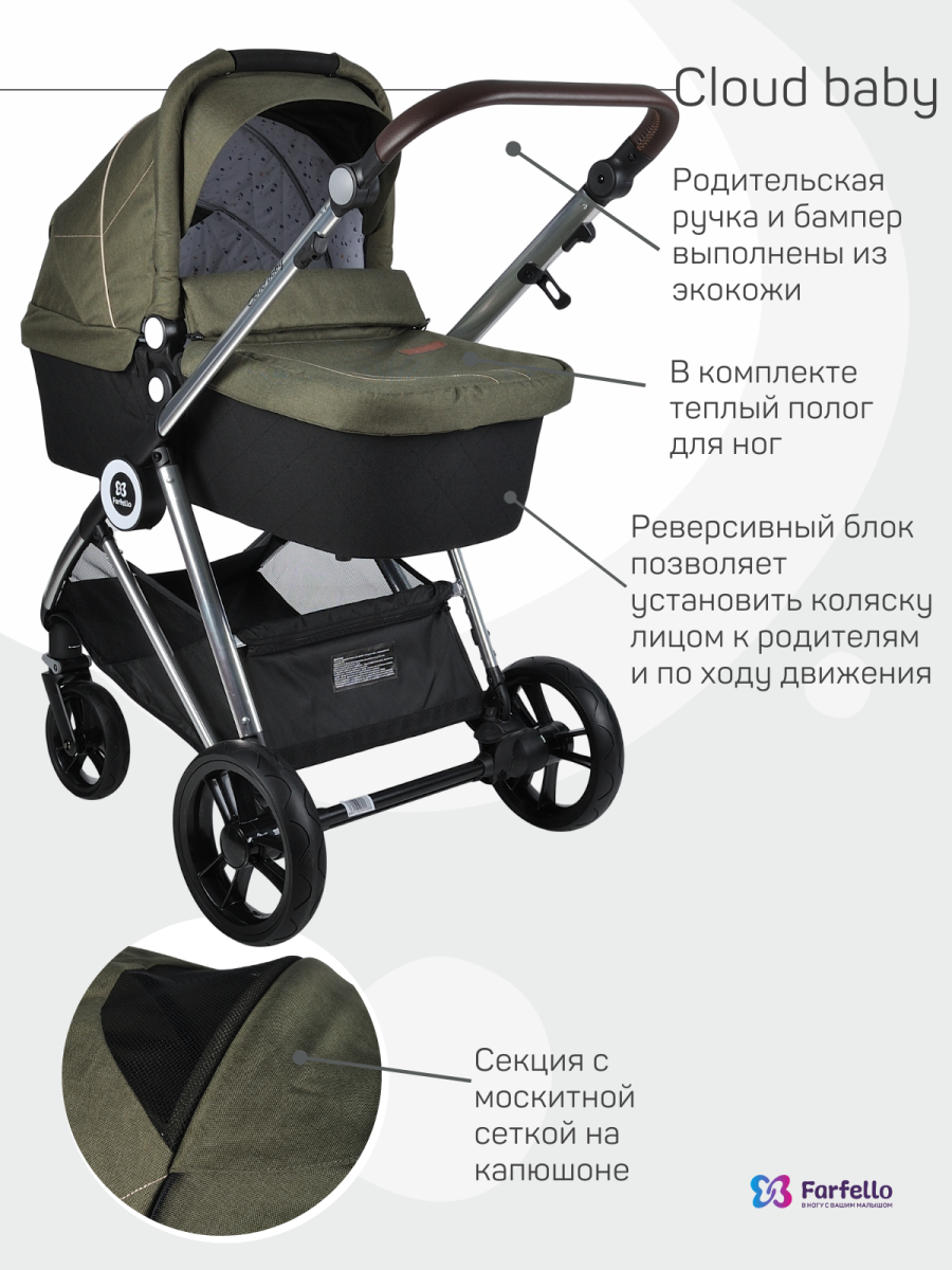 Коляска модульная 2 в 1 Farfello Cloud Baby CB (CB-11 Хаки)