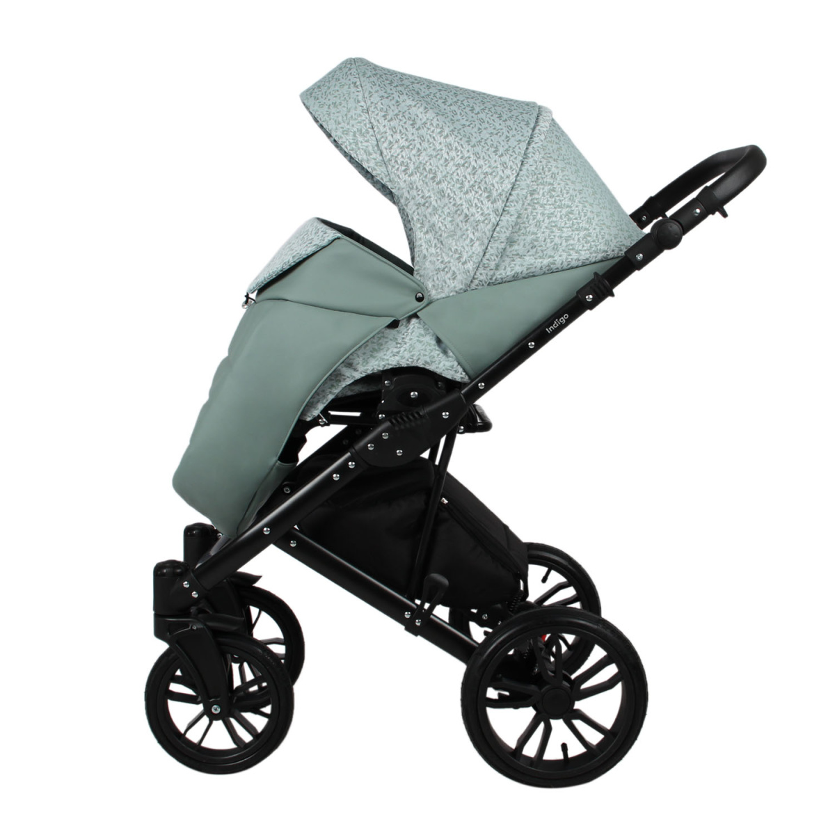 Коляска 2 в 1 Indigo MIO - Mi 06 (шалфей кожа+зеленый узор)